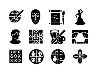 World Art Icons. World Art Icons. Solid icon set of World Art Icons: paintbrush globe, African mask, Asian ink scroll, Latin dancer, European sculpture, mosaic