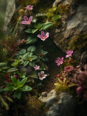 A diverse mosses and pink wildflowers thriving within a dark rock crevice. This intricate micro-ecosystem highlights the hidden natural beauty of a small habitat.