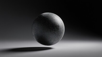 Textured orb, floating, black, with shadow on grey surface