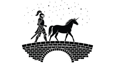 a knight in shining armor walks a unicorn across a stone bridge under a starry sky silhouette © rabbivay