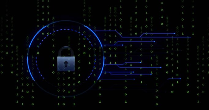 Animation of falling binary codes, padlock in loading circles over black background