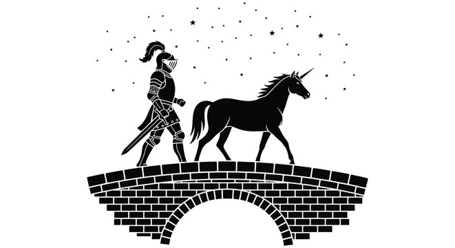 a knight in shining armor walks a unicorn across a stone bridge under a starry sky silhouette