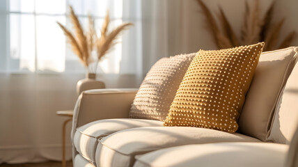 Closeup of beige and mustard yellow textured throw pillows on a lightcolored sofa with sunlight streaming in