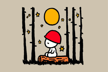 Whimsical Character Surrounded by Mushrooms and Sunflowers