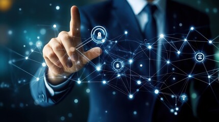 Businessman touching transparent digital icons for global connections and communication technology with network and interactive