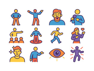 Naklejka premium Stage Presence Icons. Stage presence. Colorful flat vector icons set of stage presence: confidence pose, dramatic gesture, expressive face,