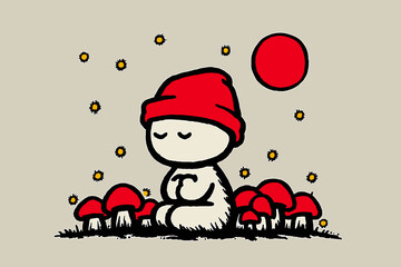 Whimsical Character Surrounded by Mushrooms and Sunflowers