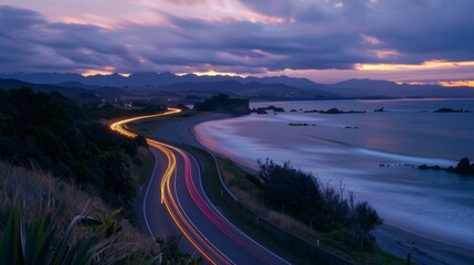 A sense of adventure and excitement fills the air as car light trails blur by on the road leading to the beach.