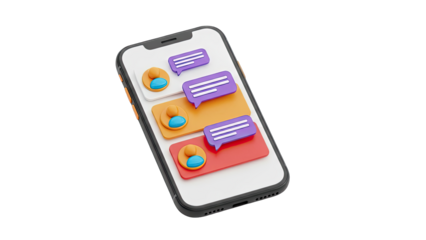 3D Illustration of a Smartphone Displaying Chat Bubbles and User Icons