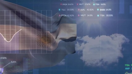 Animation of financial data processing over flag of argentina - Powered by Adobe