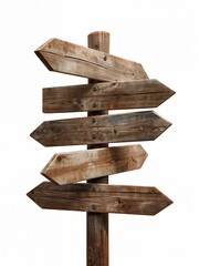 A rustic wooden signpost features multiple blank directional arrows isolated on white. The empty signs provide an ideal template for custom text and destinations.