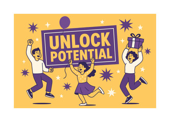Unlock Potential Celebration. Unlock Potential banner, flat vector illustration, bold oversized text inside rectangular frame banner, cartoon characters