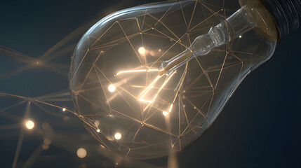 conductor. A glowing light bulb with an abstract network inside, dark background. product launch decks, UI/UX mockups, designed for data visualization dashboards and holographic UIs, clarifies data.