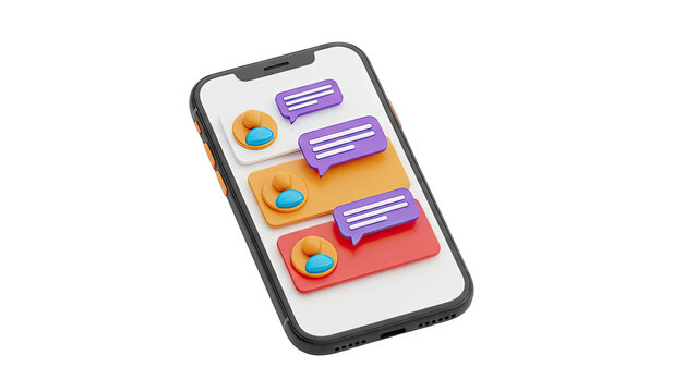 3D Illustration of a Smartphone Displaying Chat Bubbles and User Icons - Powered by Adobe