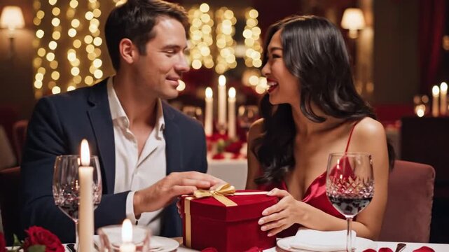 A man and a woman sit at a candlelit table with a heartshaped gift box red wine and roses in a dimly lit setting with bokeh lights