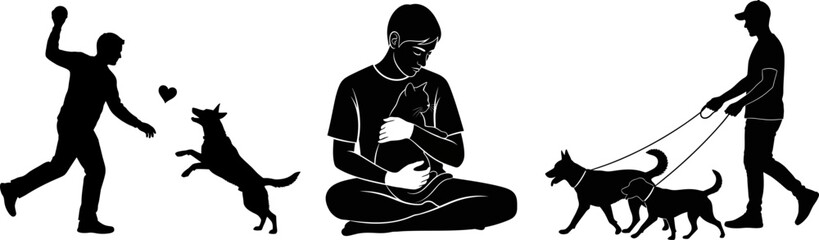 People interacting with pets silhouette collection on background