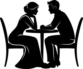 Romantic couple sitting at table enjoying dinner date silhouette vector