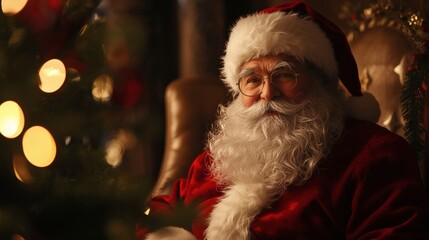 Santa Claus in Cozy Winter Scene with Warm Light and Minimal Background
