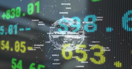 Animation of network of connections with icons and financial data processing - Powered by Adobe