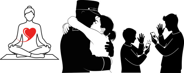 Woman meditating military couple hugging video call silhouette