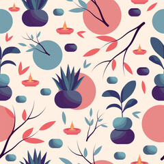 Seamless yoga spa pattern vector with zen stones, candles, plants and abstract shapes in modern pastel palette, ideal for wellness branding, packaging, textiles, wallpapers, social media backgrounds.