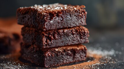 Stack of rich chocolate brownies, dusted with cocoa powder and sugar, close-up shot on dark surface