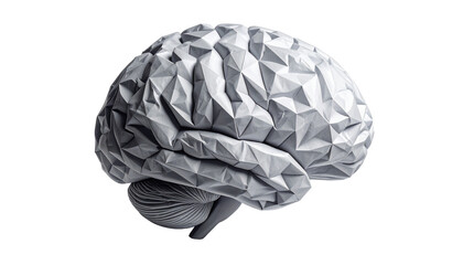 Geometric, polygonal representation of a human brain on a black background