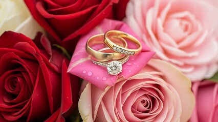 gold wedding rings on pink rose bouquet