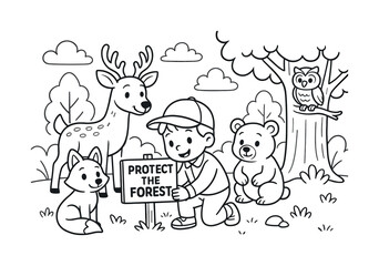Obraz premium Forest Friends Unite. Forest protection children?s coloring book illustration, outlined drawing, friendly animals around a child placing a ?Protect the Forest?