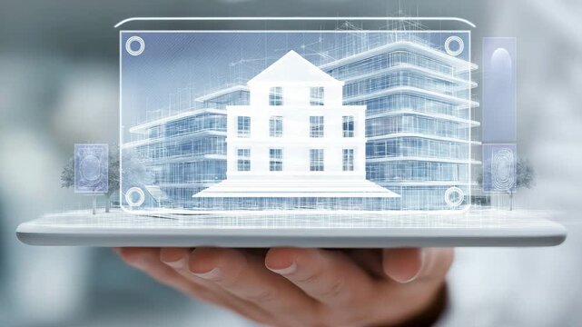 In the engineer's hand, a futuristic 3D building model floats over a tablet.