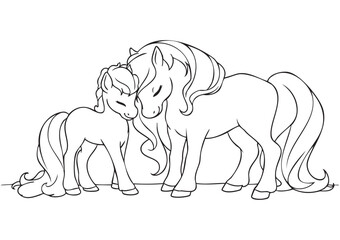 Horizontal ISO A1 Coloring Page Featuring a Cute Mother Pony and Baby Pony Leaning Together, Sweet Animal Family Scene for Kids, Simple Black and White EPS Line Art