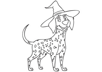 Horizontal ISO A1 Coloring Page Featuring a Cute Dalmatian Dog Wearing a Witch Hat, Playful Halloween Character Illustration for Kids, Clean Black and White EPS Line Art