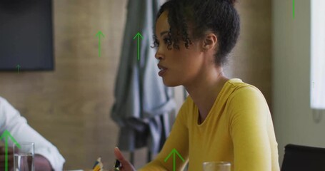 Animation of arrows and data processing over diverse business people in office - Powered by Adobe