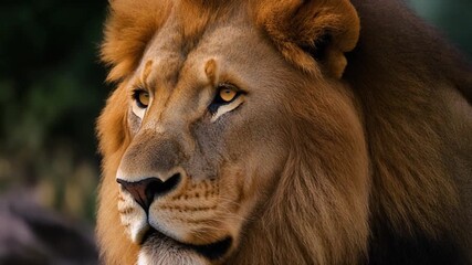 A majestic male lion with a powerful golden mane gazes intently into the distance, embodying strength and untamed wilderness in its natural habitat