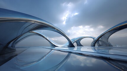 Futuristic metallic vine structure with arches and reflective surface under cloudy sky with sunlight with architecture and technology and innovation