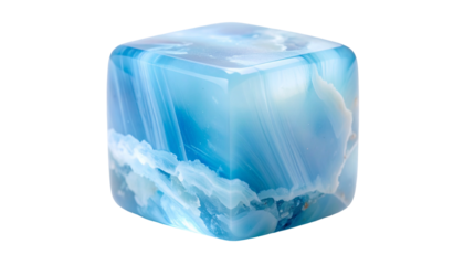 A semi-transparent cube with swirling blue and white patterns