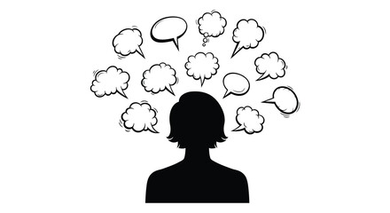 A person s head with multiple thought bubbles surrounding it depicted in a striking black silhouette