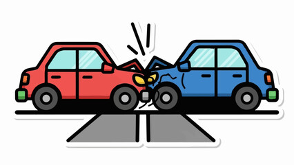 Naklejka premium Cartoon of a red and blue car in a head-on collision on a road