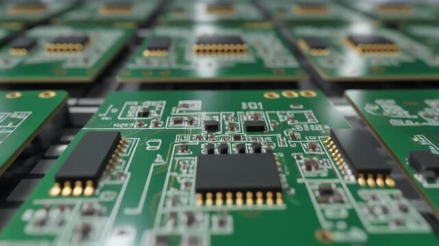 PCB Green Circuit Board Macro Production: Gold Pins ICs Precision Electronics