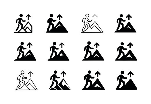 Mountain Hiking Logos. Hiking up a mountain. Icon set. Set Logo of hiking up a mountain: elevation gain arrow with mountain layers. harmonious logo variations
