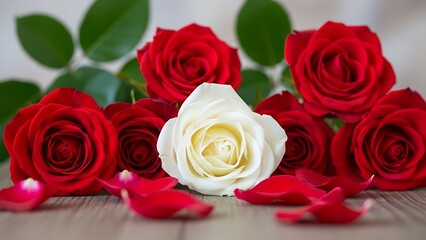 Obraz premium red roses and one white rose on wooden surface