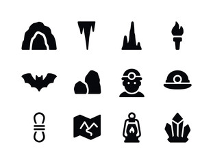 Cave Icon Set. Cave. Solid icon set of Cave: cave entrance, stalactite, stalagmite, torch, bat, rock, explorer, helmet, rope, map, lantern, crystal. Filled