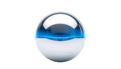Chrome sphere split with blue line, glossy surface, dark background