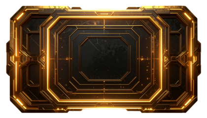 Ornate, geometric panel with glowing gold trim and a dark center