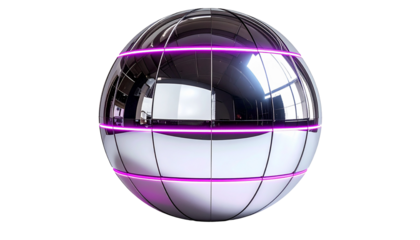 Reflective sphere with pink neon lines and a black background