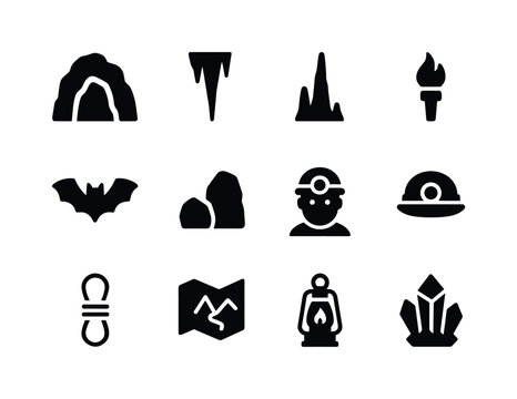 Cave Icon Set. Cave. Solid icon set of Cave: cave entrance, stalactite, stalagmite, torch, bat, rock, explorer, helmet, rope, map, lantern, crystal. Filled