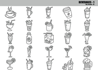 Beverages Line Icons Set &ndash; Drinks, Coffee, Juice, Cocktail & Cafe Outline Symbols, Editable Vector Pack
