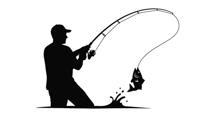 A fisherman casting a line and catching a fish depicted in a striking black silhouette © rabbivay