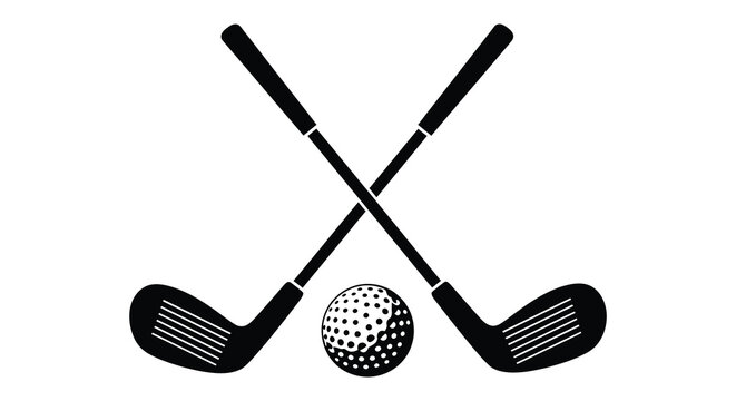 a striking black and white image depicting crossed golf clubs with a golf ball silhouette