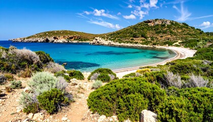 Fototapeta premium Sunny cove with turquoise water and lush vegetation